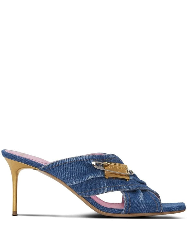 Safety Pin Detail Denim Sandal Heels