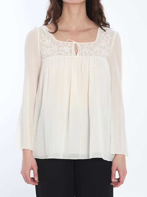 Embroidery Square Neck Cotton Silk Blouse