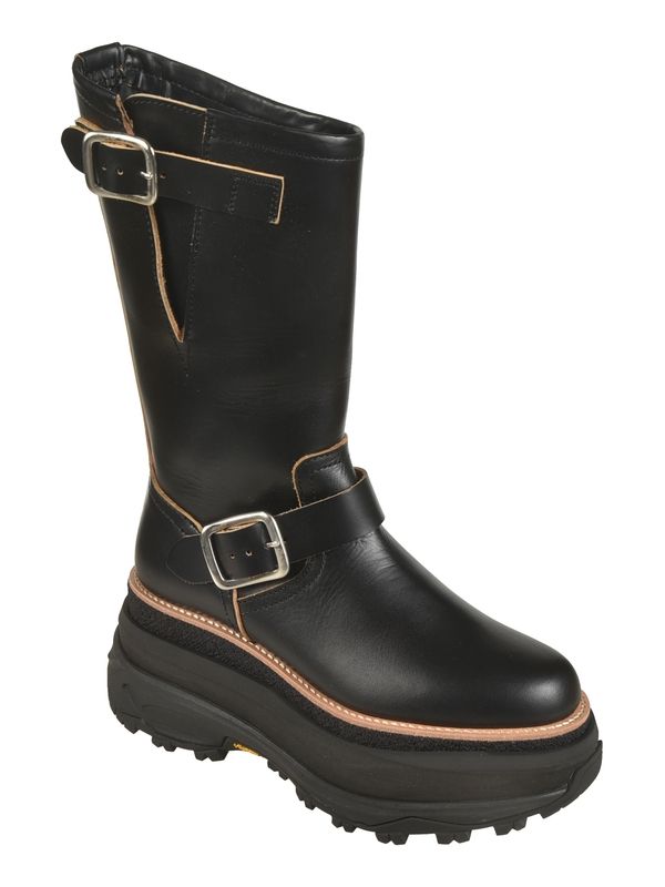 Buckle Strap Leather Mid Boots