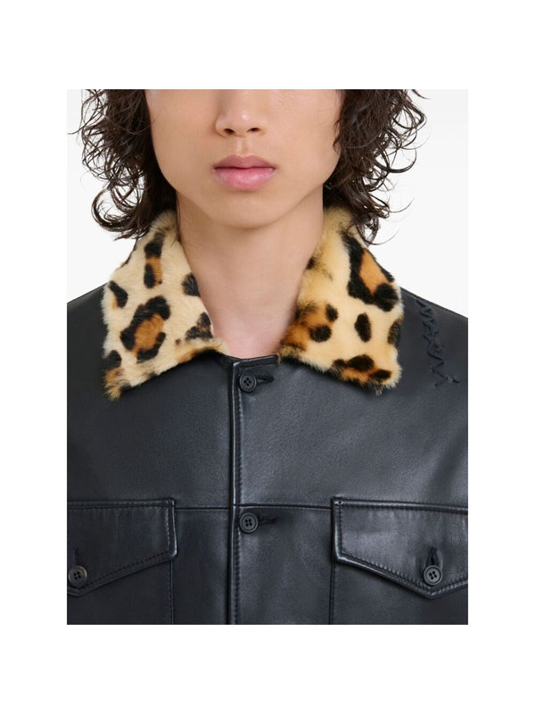 Animal Shearling Collar Leather Shirt