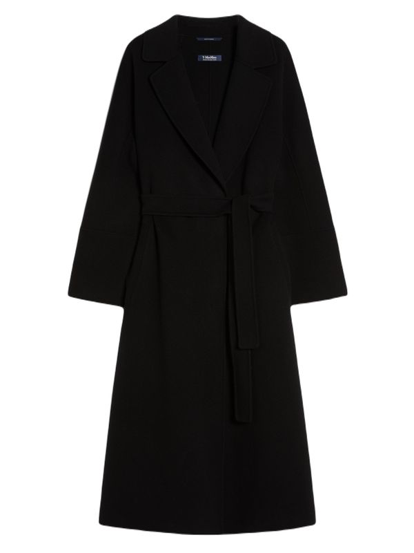 'Elisa' Black Coat with Classic Lapels and Waist Belt in Virgin Wool Woman Coats