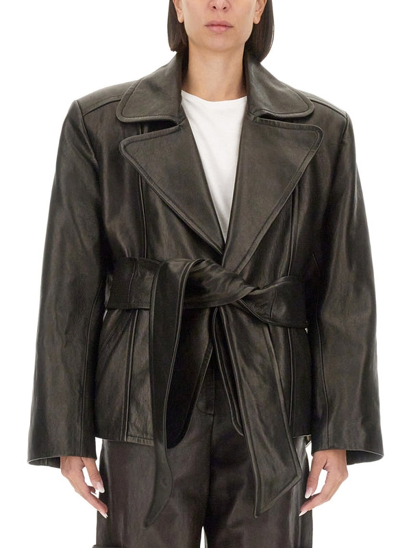 双排扣腰带小羊皮夹克