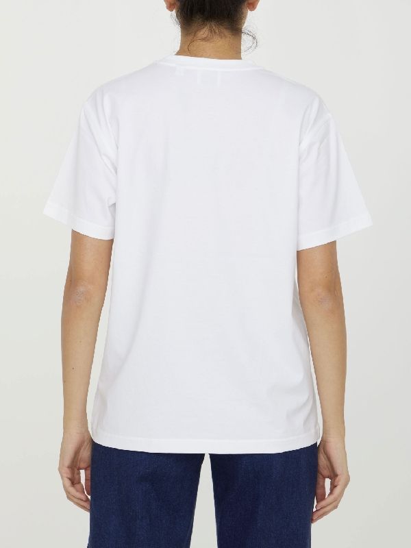 White Crewneck T-Shirt with Check Pocket in Cotton Woman Half Sleeve