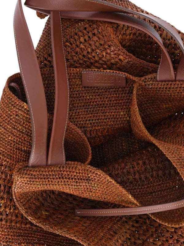 Leather Top Handle Raffia Tote Bag