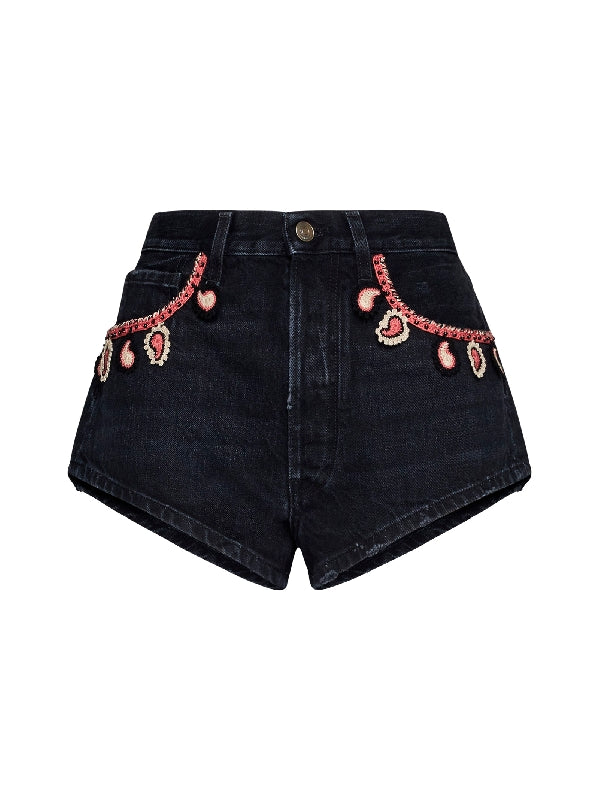 Paisley Decoration Denim Shorts