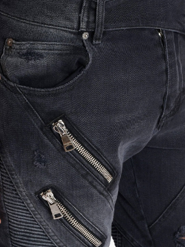 Zipper Detail Distressed Denim Pants