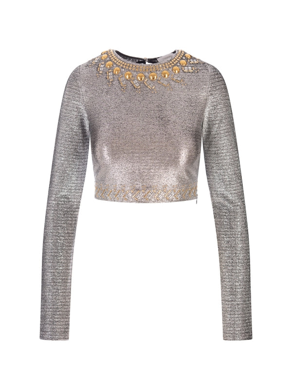 Stud Decorated Metallic Crop Long Sleeve
  Top