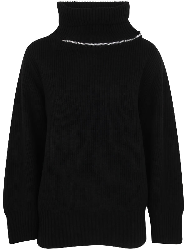 Zipper Detail High Neck Wool Knit