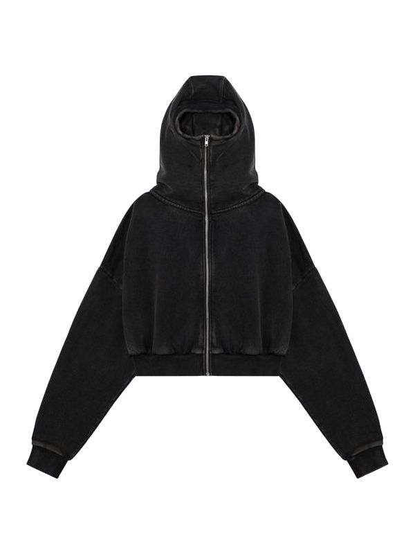 Washing Black Crop Cotton Hoodie Zip-Up