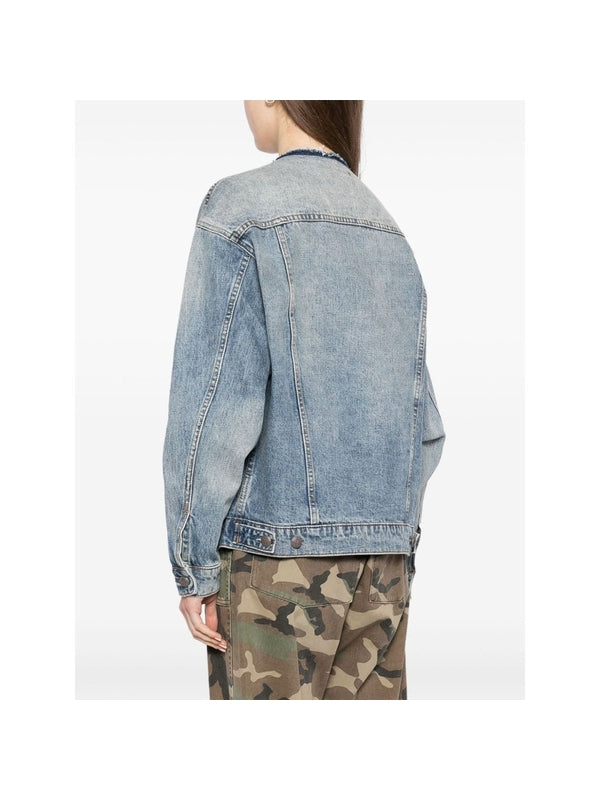 Collarless Zip-Up Denim Jacket