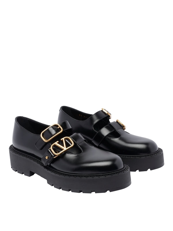 V Logo Buckle Mary Jane Leather Loafers