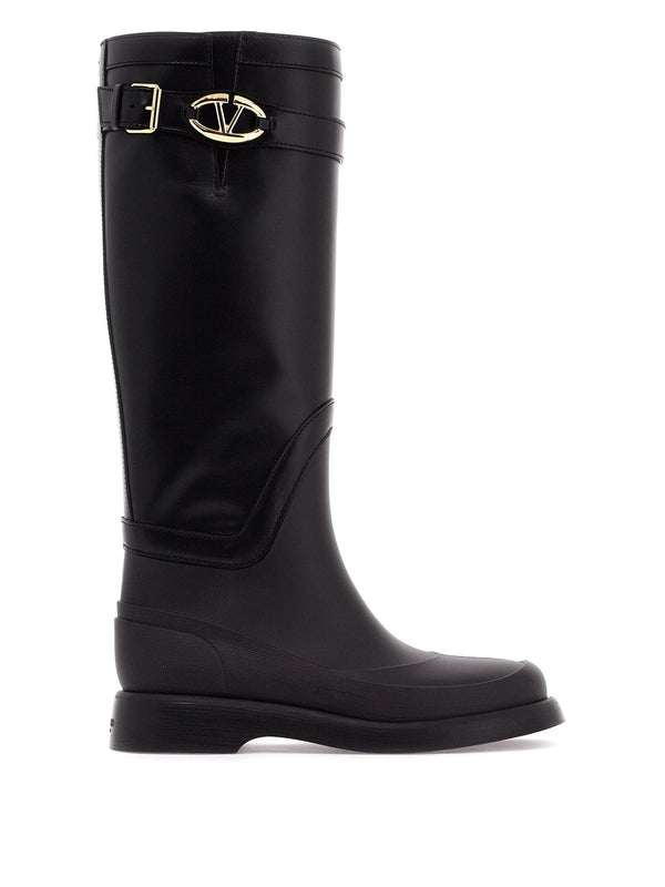 V Logo Leather Rubber High Boots