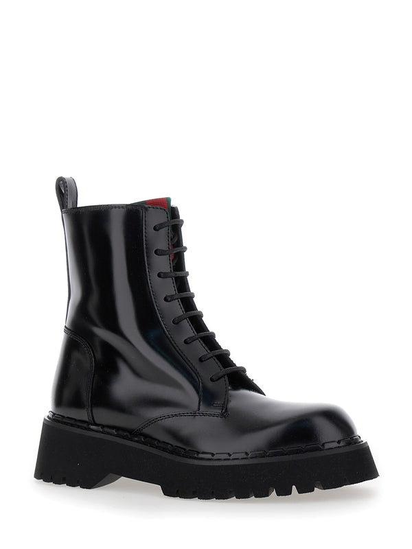 'Thea' Black Ankle Boots with Web Detail in Leather Woman Lace-Up Boots