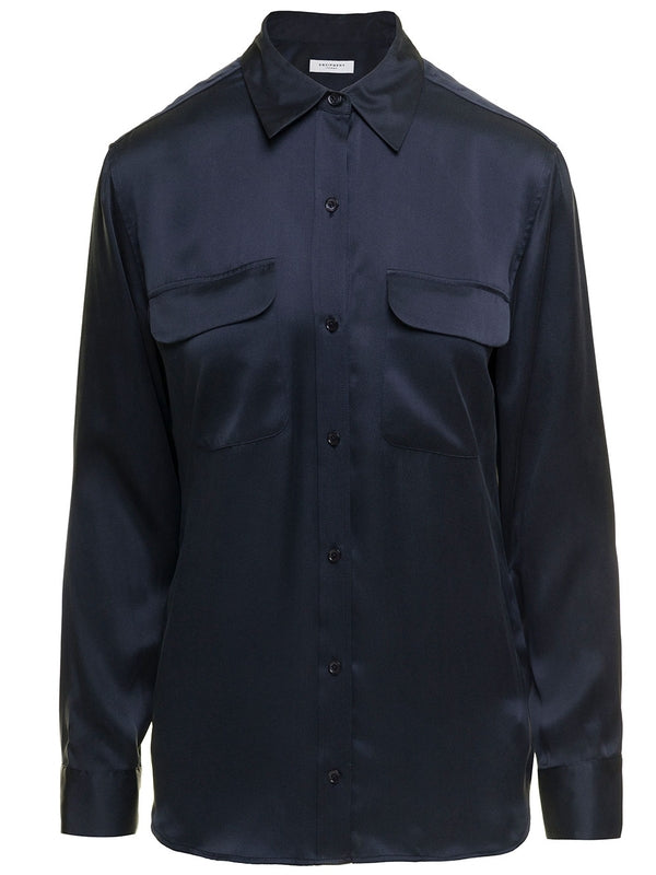 'Signature' Navy Blue Long Sleeves Shirt in Silk Woman Equipment Shirts & Blouses