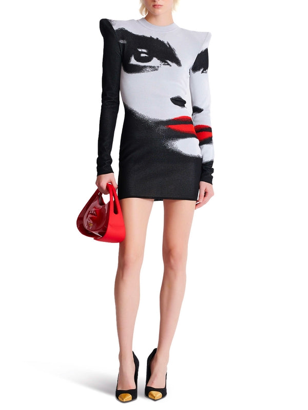 Structured Shoulder Printing Knit Mini Dress