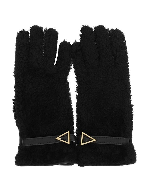 Triangle Buckle Fur Trimmed Leather Gloves