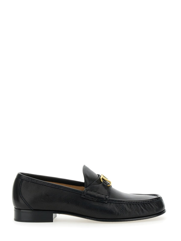 Black Loafers with VLogo Signature Detail in Leather Man Loafers