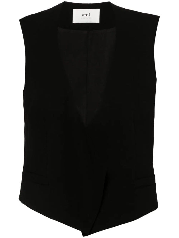 Black Wool Open Vest