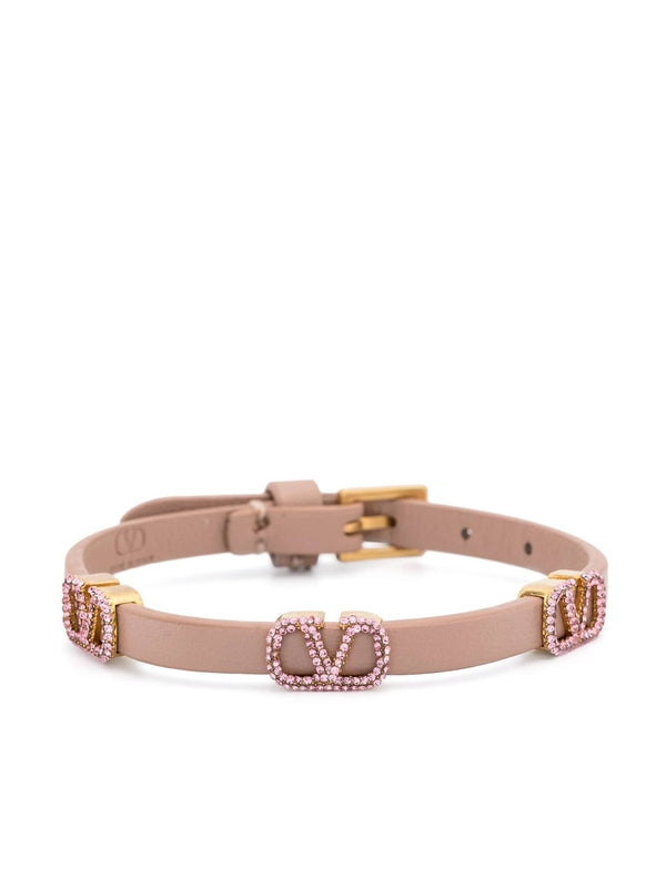 V Crystal Logo Leather Bracelet