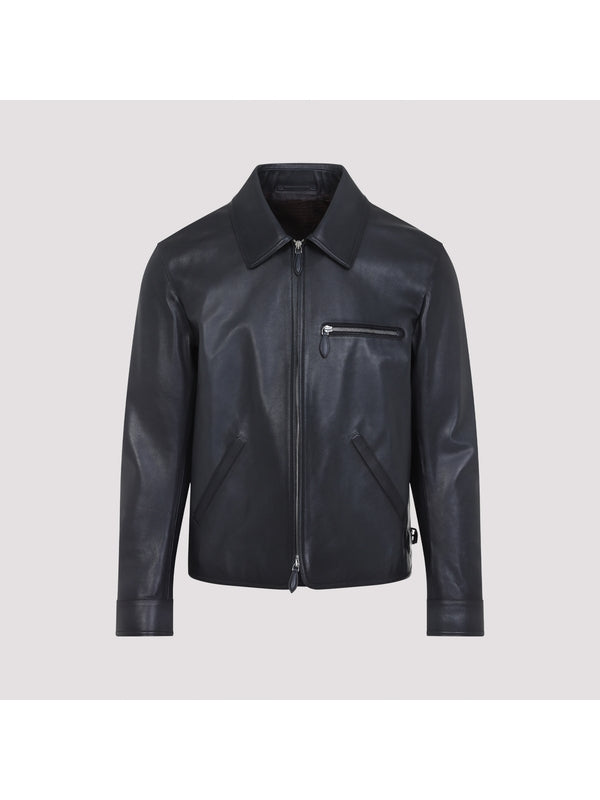 Pocket Detail Calfskin Zip-Up Jacket