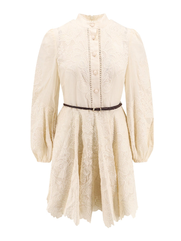 Belted Linen Embroidered Dress