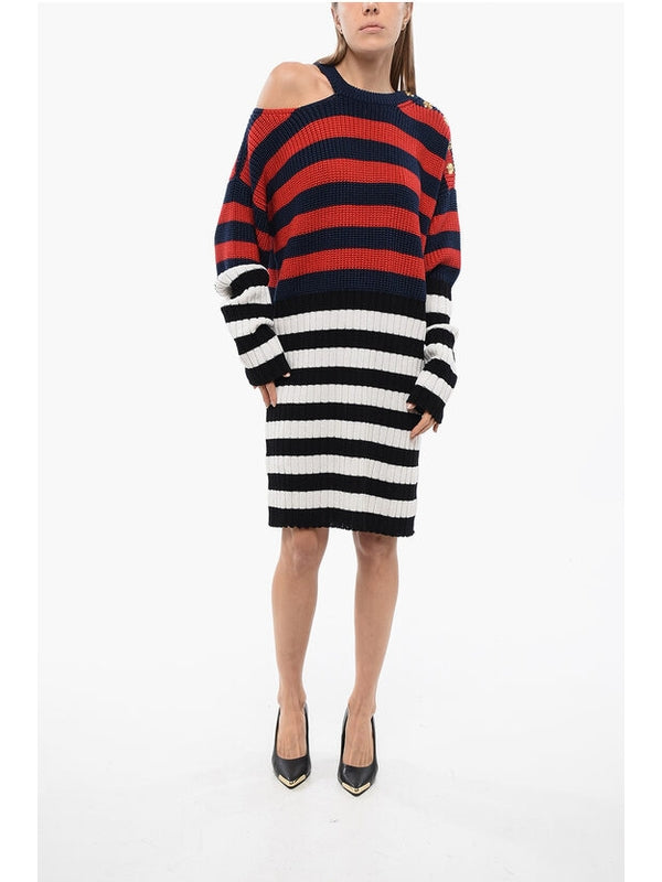 Stripe Cutout Shoulder Button Knit Dress