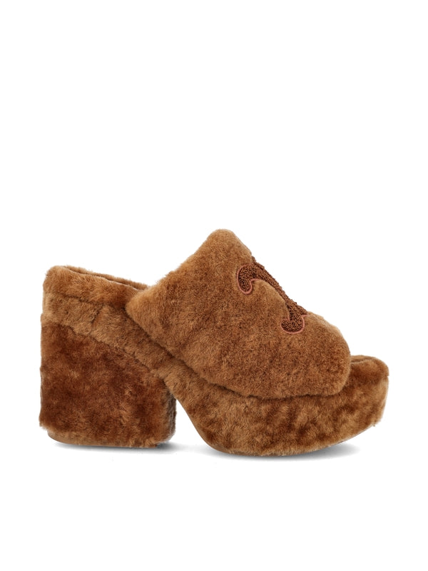 Triomphe Logo Shearling Platform Sandal Heels