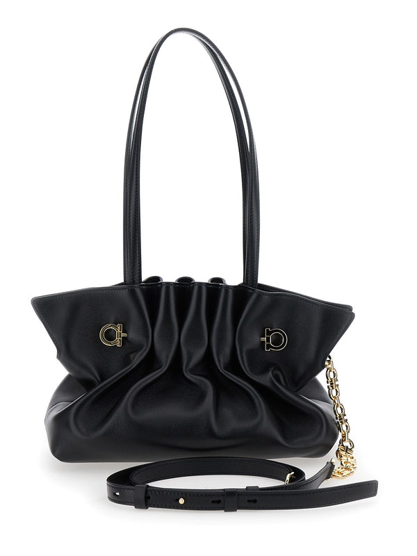 Black Crossbody Bag with Embossed Logo Lettering on the Front and Gancini in Leather Woman Tote Bags