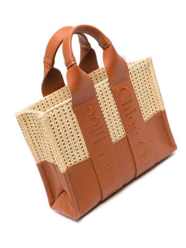 Woody Raffia Leather Small Tote Bag