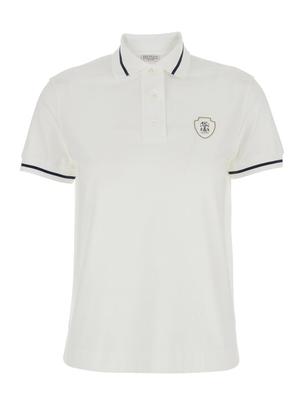 White Polo Shirt with Logo Printed on the Front in Cotton Jersey Woman Polo Shirts