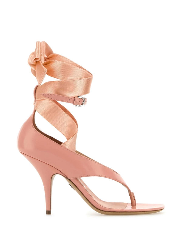 Ribbon Strap Leather Sandal Heel