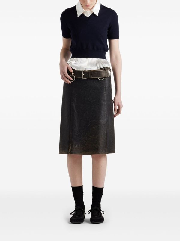 Vintage Washed Belt Detail Leather Skirt