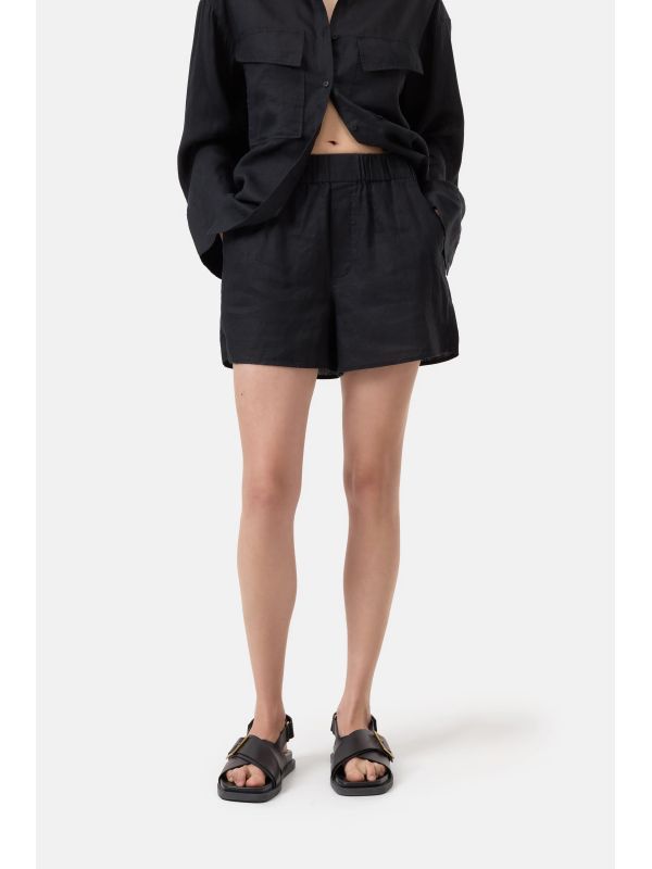 Black Linen Banded Shorts