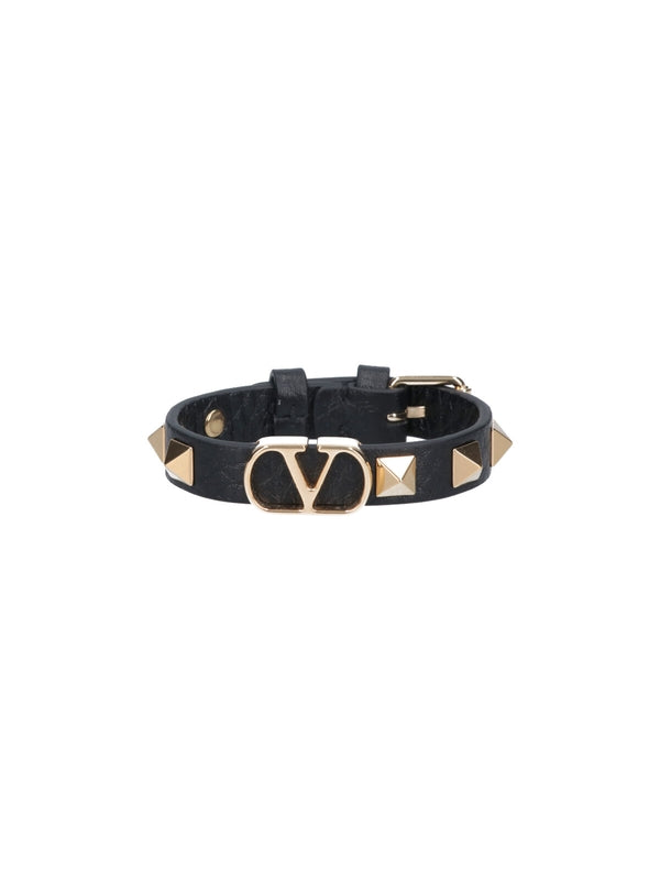 V Logo Rockstud Leather Bracelet