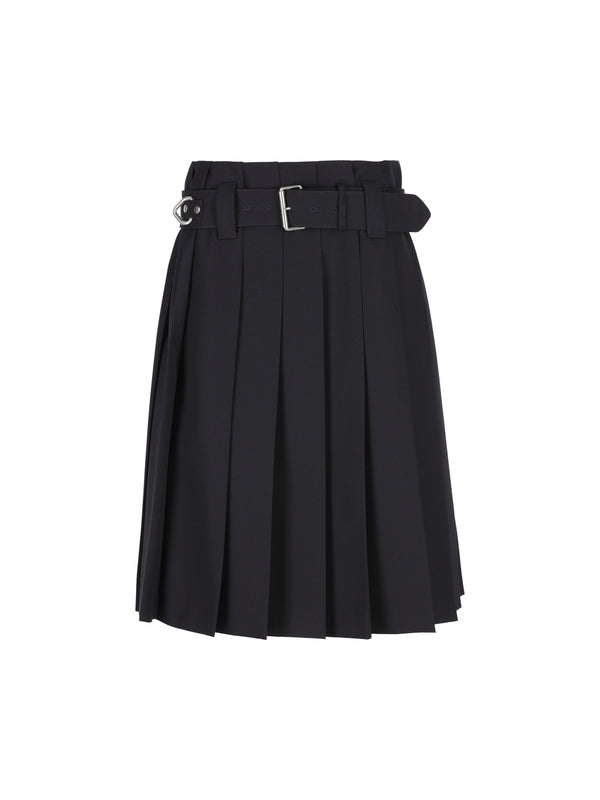 Belt Wool Pleated Skirt