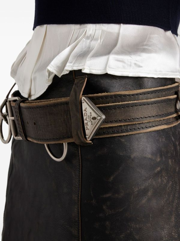 Vintage Washed Belt Detail Leather Skirt