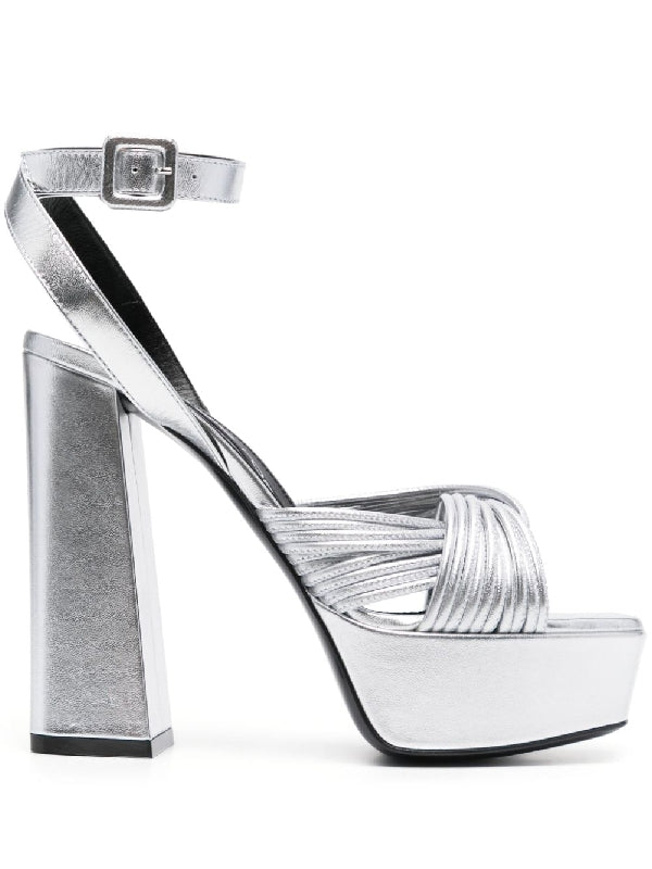 Metallic Braid Strap Sandal Heel