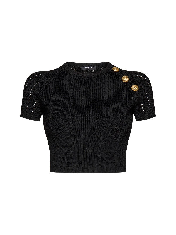 Shoulder Button Crop Short Sleeve Knit