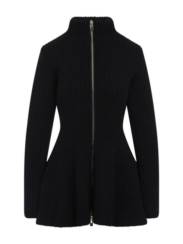 High-Neck Peplum Wool Cashmere Zip-Up Cardigan