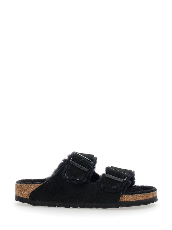 'Arizona' Black Sandals with Logo Lettering on the Buckle in Suede Woman Sandals