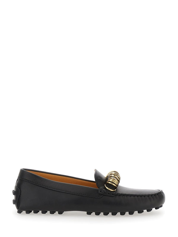 Black Loafers with Ring Detail on the Front and Rubber Sole in Leather Woman Driving Shoes