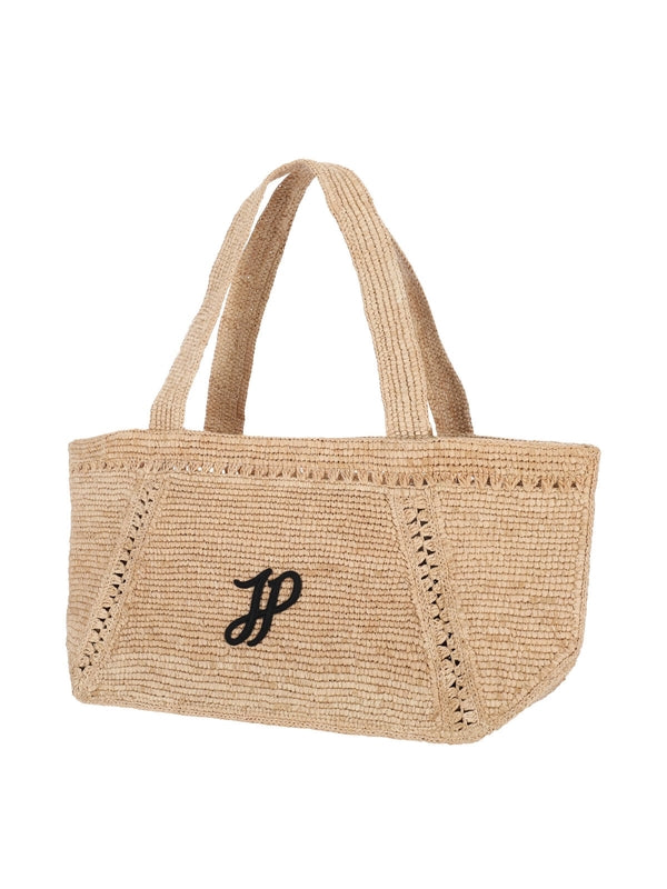 Logo-embroidered raffia large tote bag