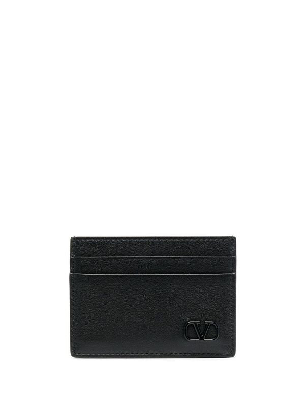 V Logo Leather Card Wallet