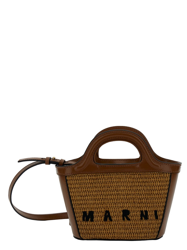 'Tropicalia Micro' Brown Handbag with Logo Lettering Detail in Leather and Rafia Effect Fabric Woman Tote Bags