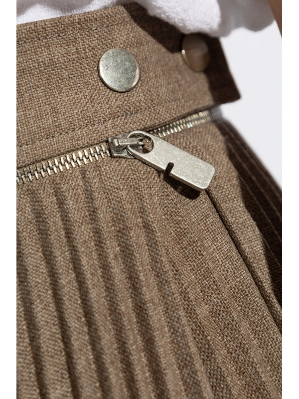 Zipper Detail Pleated Wool Skirt