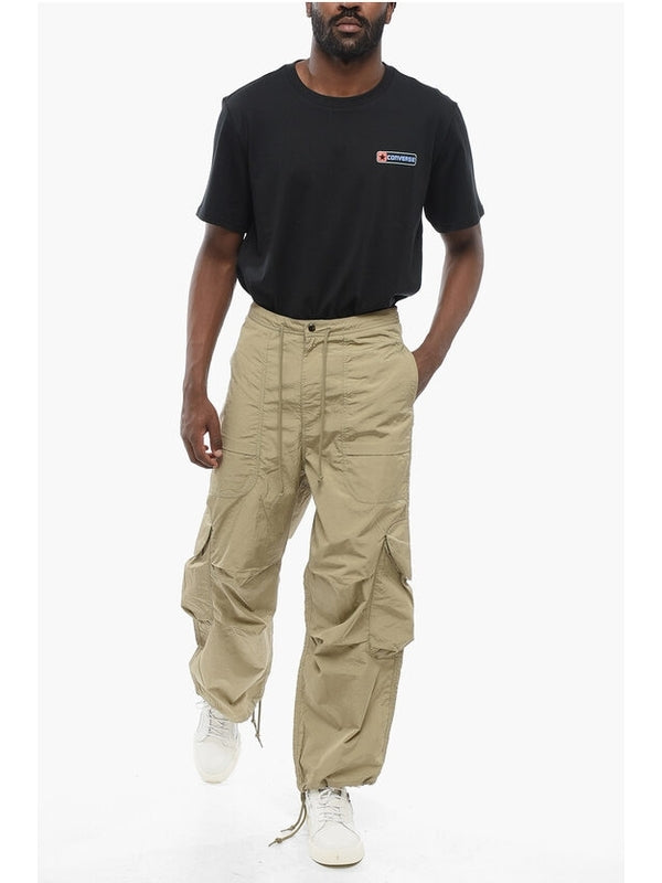 Beige Drawstring Nylon Cargo Pants