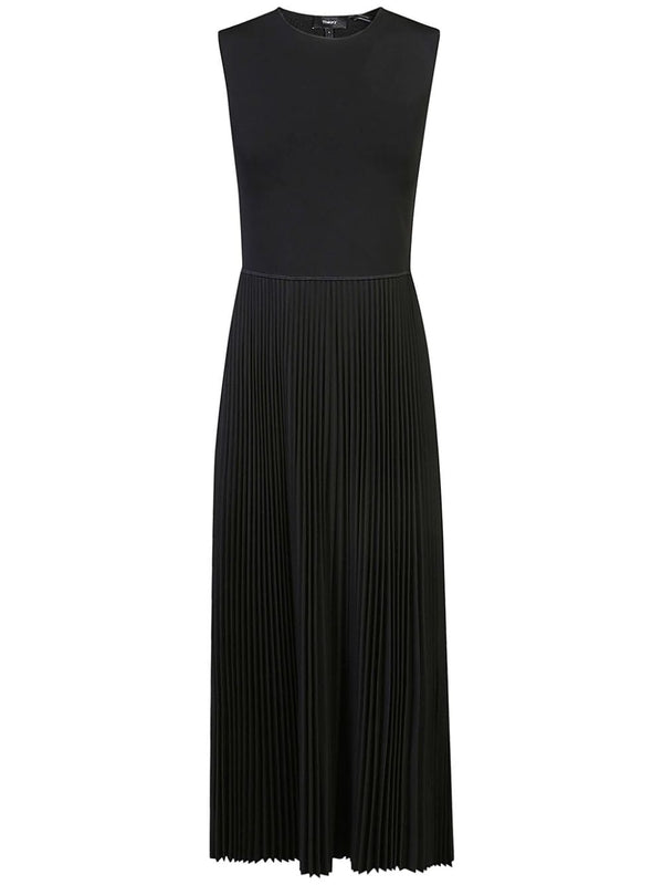 Black Pleated Wool Blend Midi Dress