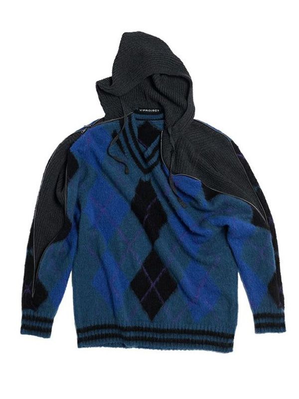 Zipped Argyle Pattern Hooded sweater