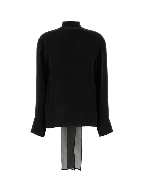 Bow detail high-neck silk long sleeve top