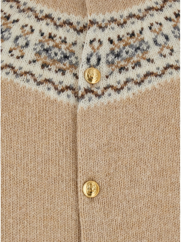 Beige Crew Neck Cardigan with Geometric Pattern in Wool Man Cardigans